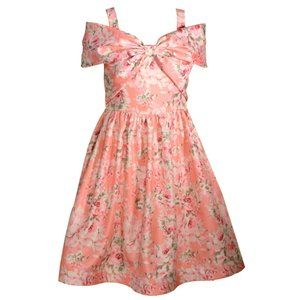 Bonnie Jean Girls 7-16 Salmon Pink Floral Shantung Bow Front Dress